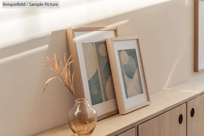 Minimalist room with wooden cabinets and abstract art in wooden frames, backlit by soft sunlight.