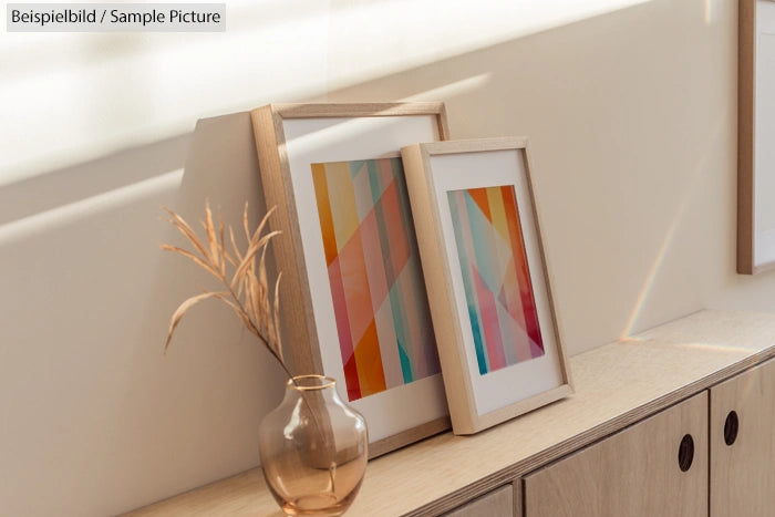 Modern abstract art prints in wooden frames on a cabinet, with a glass vase and sunlight filtering through a window.