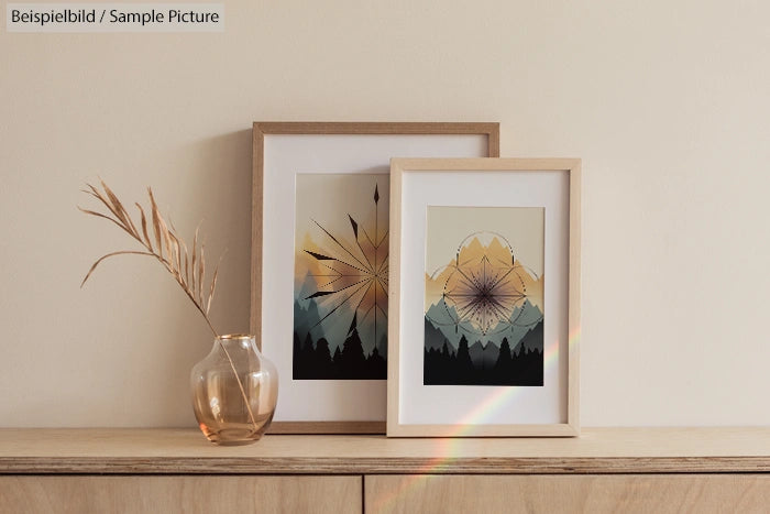 Two framed abstract mountain artworks on wooden dresser with a vase; soft lighting and faint rainbow reflection.