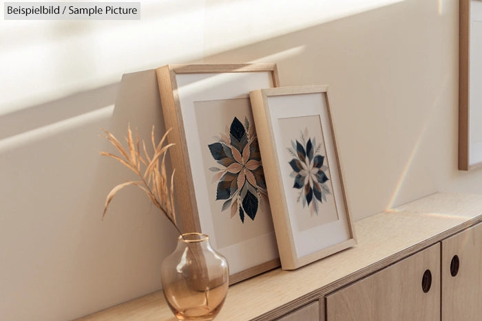 Framed botanical art prints on a wooden shelf next to a glass vase in a sunlit room.