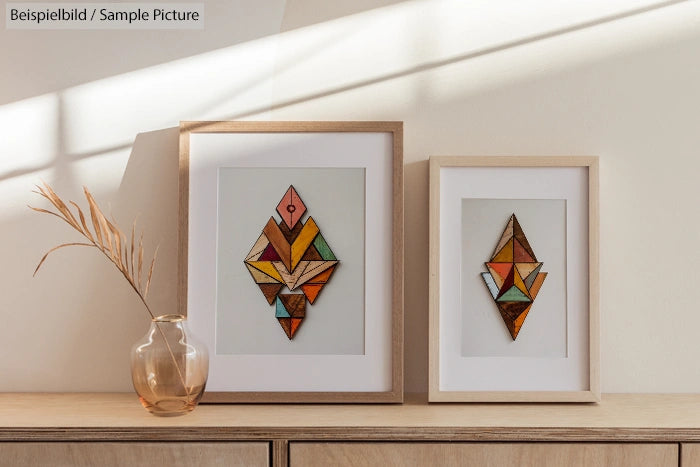 Two framed geometric artworks on a wooden surface with a glass vase and dried branch beside them.