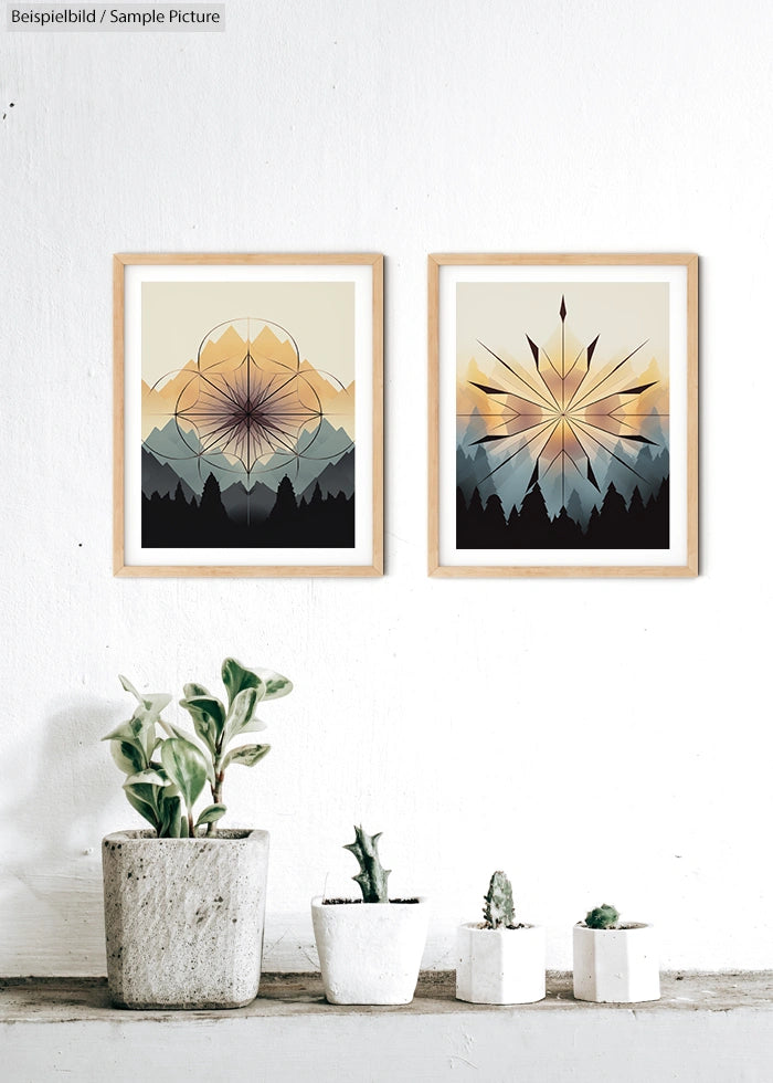 Two geometric art prints in wooden frames above indoor plants on a white wall.