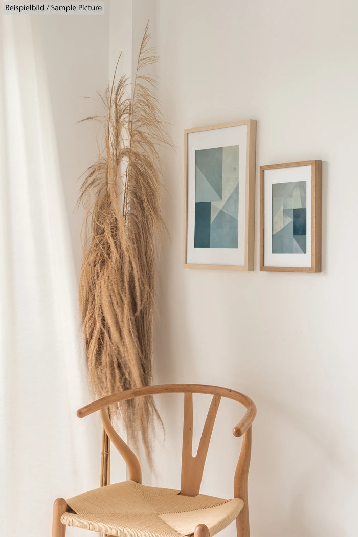 Minimalist interior with wooden chair, wall art, and decorative dried grass in a bright, neutral-toned room.