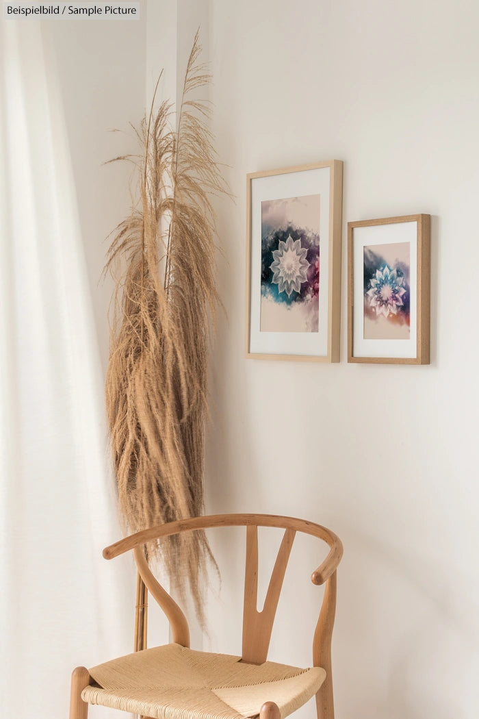 Minimalist interior with wooden chair, pampas grass, and framed abstract art on a white wall.