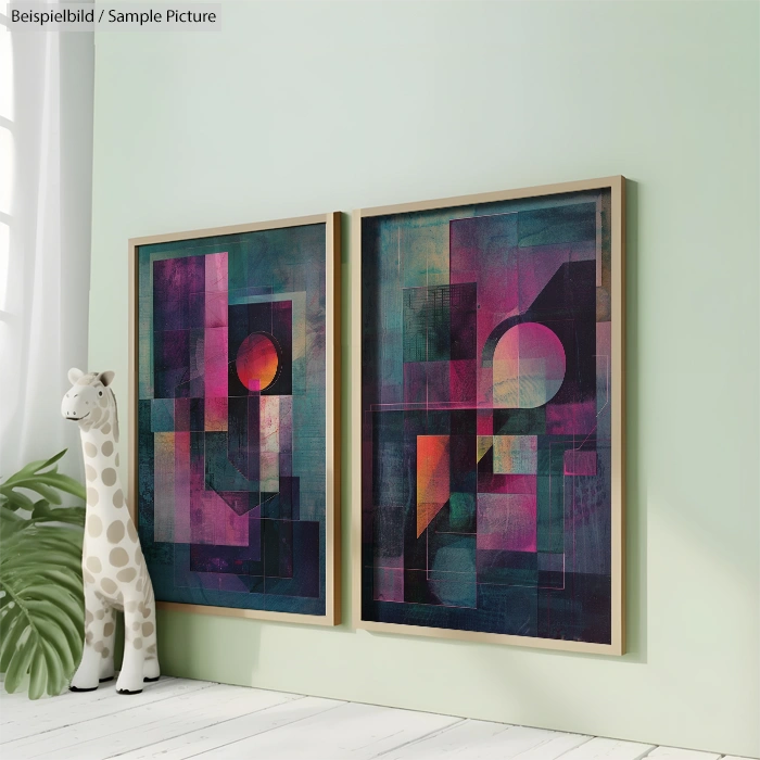 Two abstract paintings with geometric shapes and vibrant colors, hung on a light green wall beside a toy giraffe.