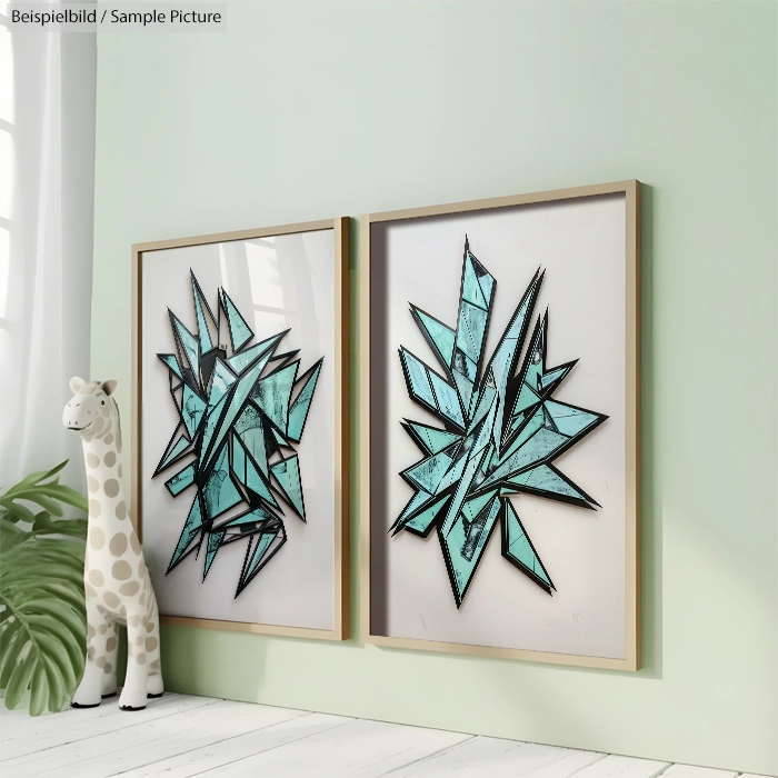 Two framed geometric artworks with turquoise and black designs on a white wall, with a plush giraffe nearby.