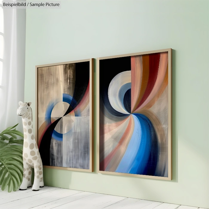 Room with two abstract paintings; one with geometric shapes, the other with curved color bands. Decorative giraffe sculpture.