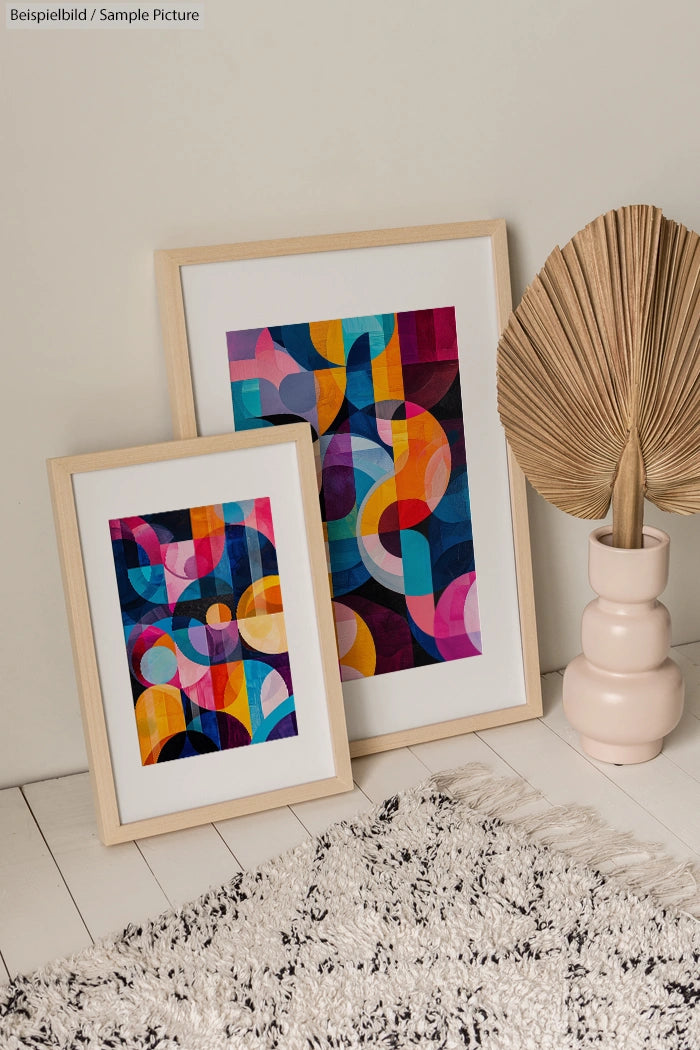 Two framed abstract paintings with colorful geometric patterns leaning against a wall on a wooden floor.