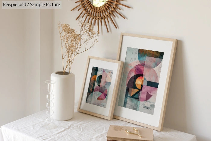 Framed abstract art with pink and blue hues on white table against a cream wall, next to a vase with dried flowers.