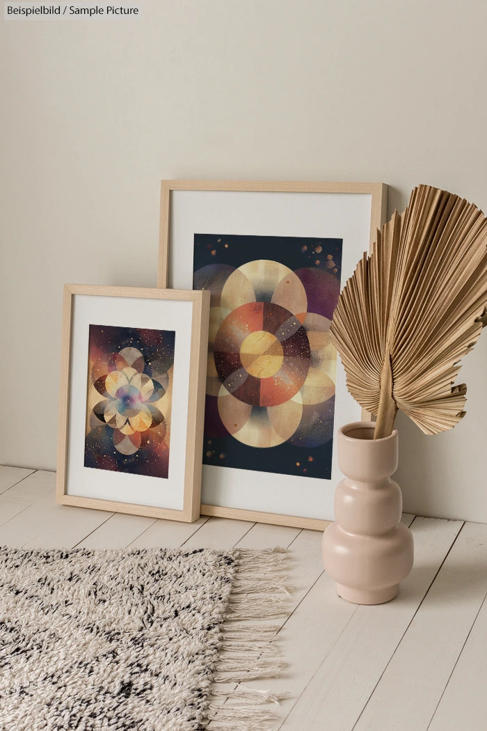 Framed geometric art prints with earthy tones lean against a wall, beside a pale vase with dried palm leaves on a light floor.