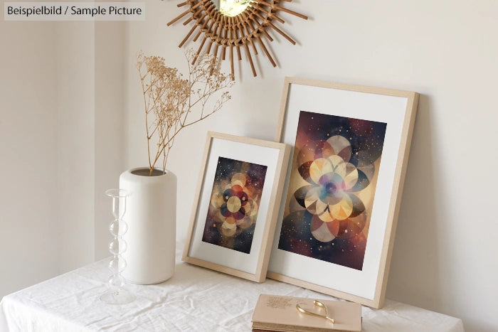 Framed abstract geometric art on table beside dried plant vase in minimalist room.