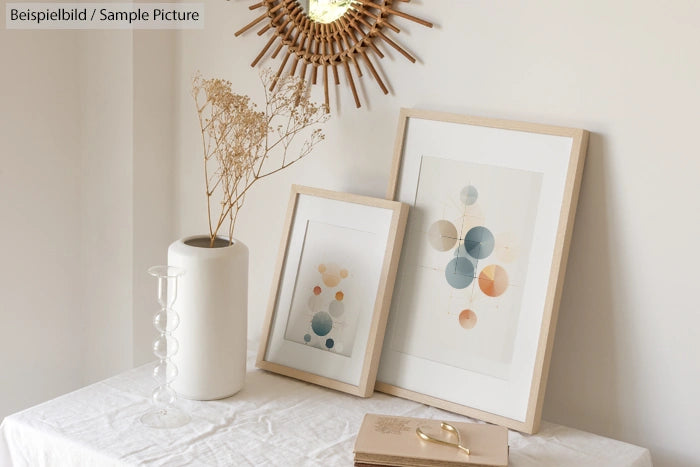 Framed abstract art with circular patterns on a table, alongside a vase with dried flowers and a decorative mirror.