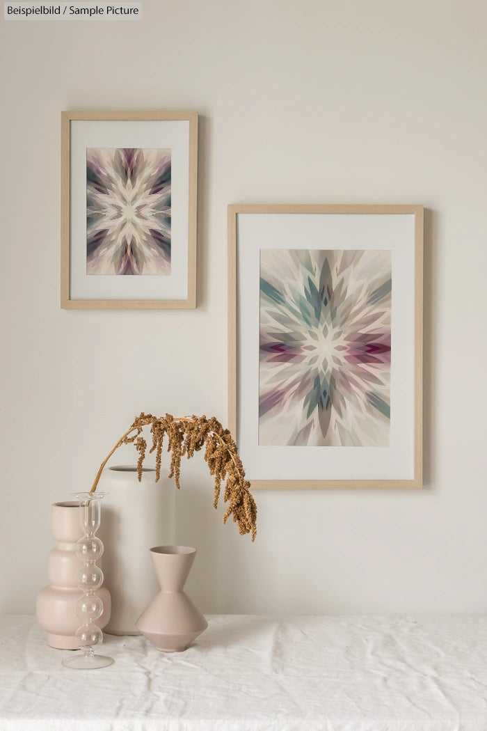 Two framed abstract art prints on a wall with neutral tones, above a table with vases and dried plant.