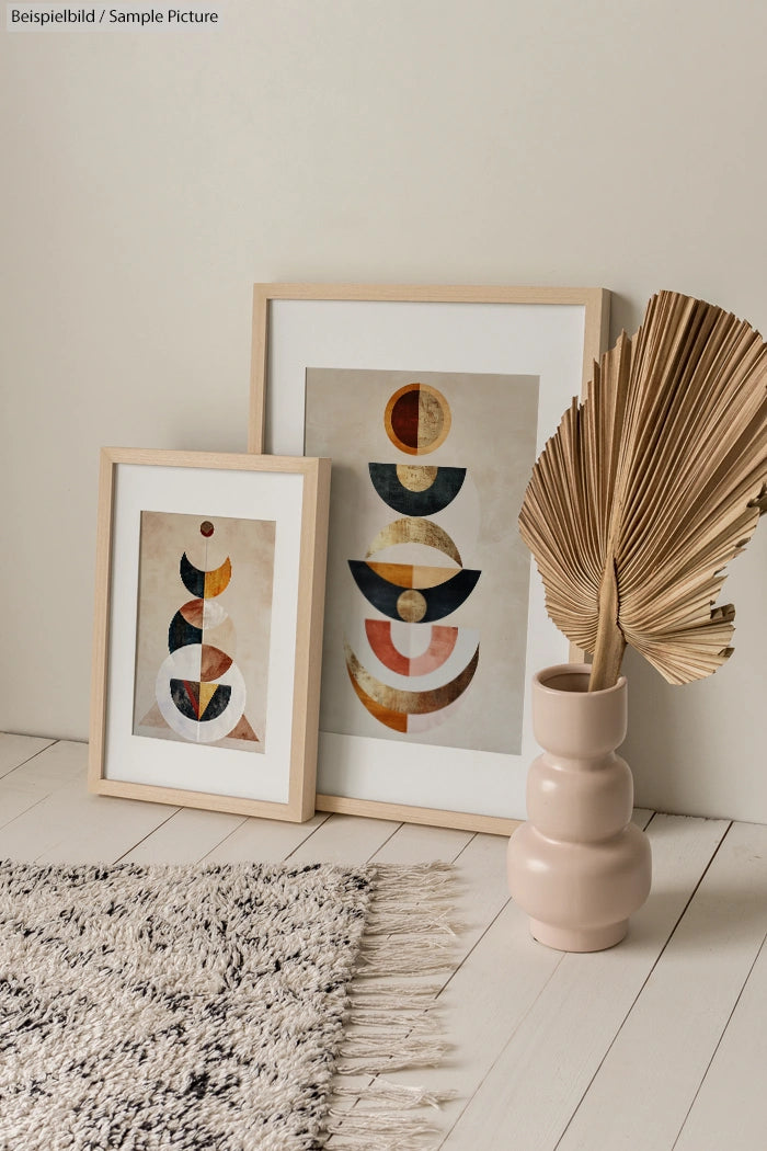 Minimalist interior with abstract framed art and dried palm leaf in a ceramic vase on a light wooden floor.