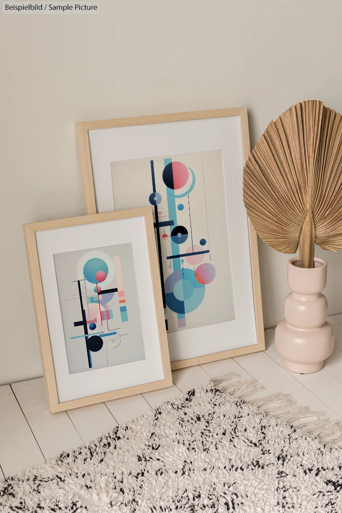 Two abstract geometric art prints in wooden frames, placed on a white floor beside a textured rug and dried leaf decor.