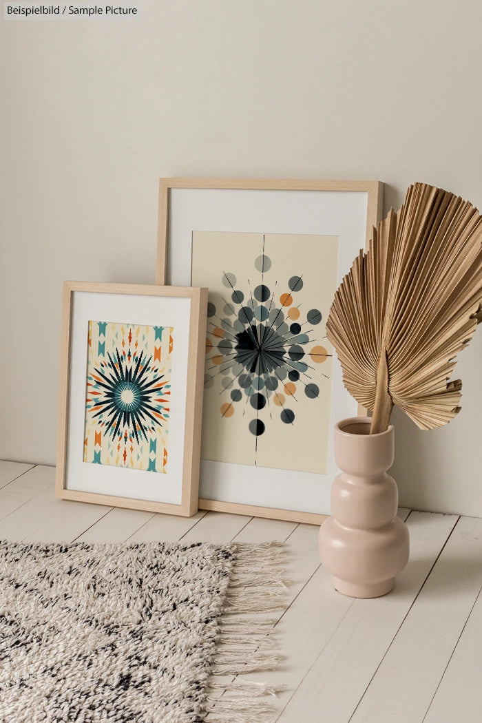 Two framed geometric prints with abstract designs beside a beige ceramic vase holding dried palm leaves on a wooden floor.