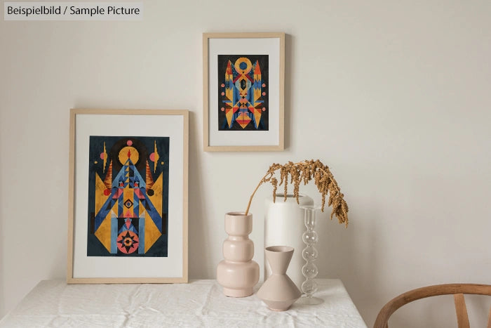 Modern abstract artworks in wooden frames displayed on a table with decorative vases and dried flowers.