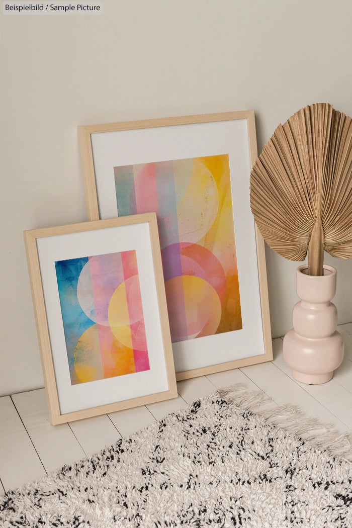 Two framed abstract paintings with circular patterns, displayed on the floor next to a textured carpet and decorative vase.