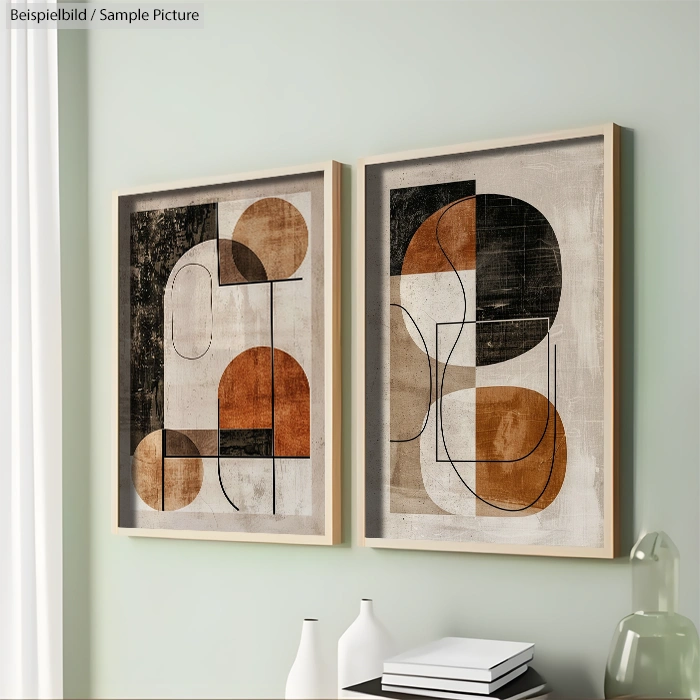 Two abstract paintings with geometric shapes in black, brown, and cream tones, framed and hung on a light green wall.