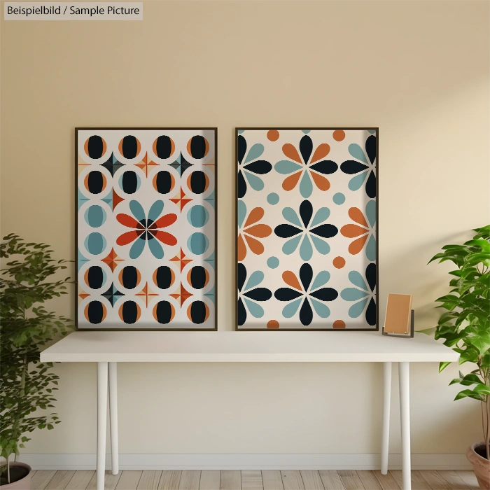 Minimalist room with two abstract geometric paintings on a wall above a white table, flanked by green plants.