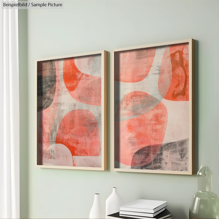 Pair of abstract paintings with red and gray geometric shapes in wooden frames on a mint green wall.