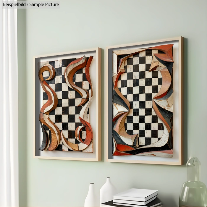 Two framed abstract artworks with checkerboard patterns and flowing curves on a light green wall near a window.