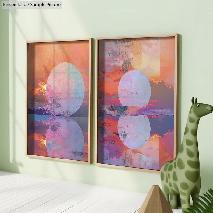 Two abstract paintings with circular patterns, sunset colors. A green giraffe sculpture next to them in a well-lit room.