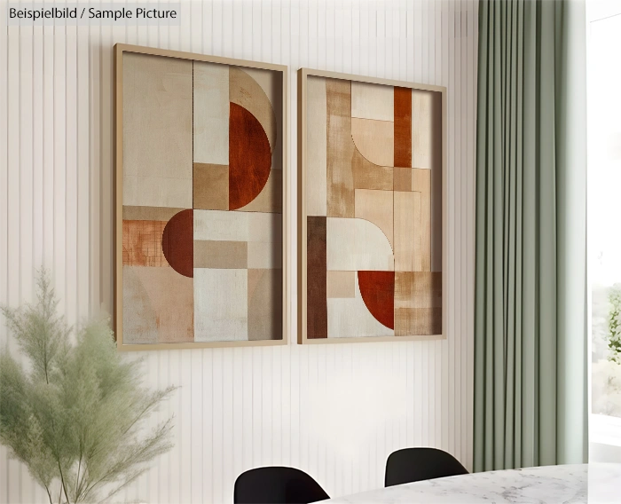 Two abstract geometric paintings with earthy tones on a modern white wall, next to a green plant and minimalist furnishings.