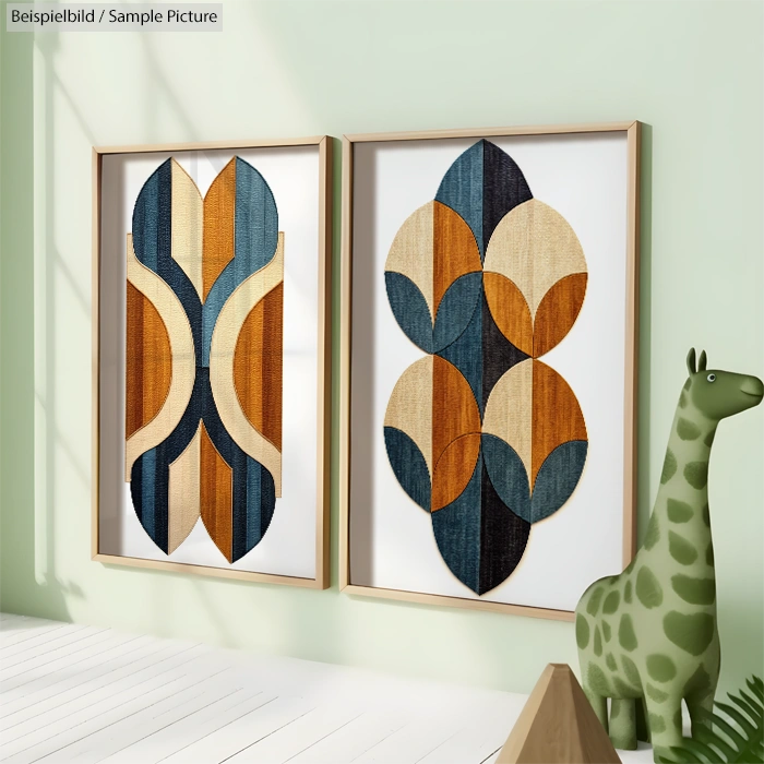 Two abstract geometric artworks in wooden frames, featuring blue, orange, and beige patterns on a white wall.