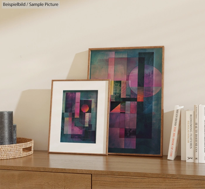 Framed abstract geometric art prints on a wooden shelf beside stacked books.