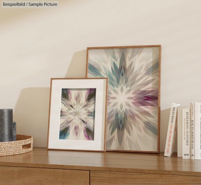 Two framed abstract paintings with starburst patterns in pastel colors on a wooden shelf next to books and a basket.