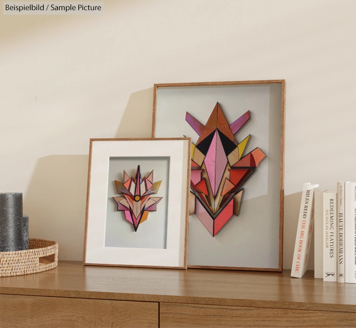 Geometric art pieces in wooden frames on a wooden shelf with decorative books and a small basket.