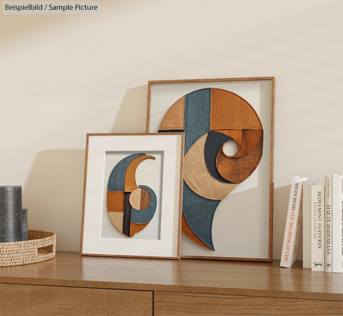 Two stylish geometric wall art pieces on a wooden table, featuring curved designs in blue, orange, and beige fabrics.