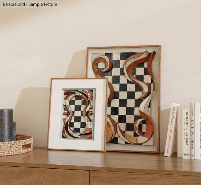 Framed abstract art with checkerboard patterns and swirling shapes, placed on a wooden shelf with books and a basket.