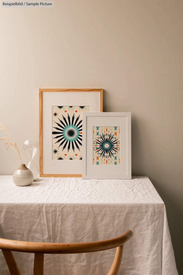 Two framed abstract art prints on a table with a white cloth and wooden chair, against a muted wall.