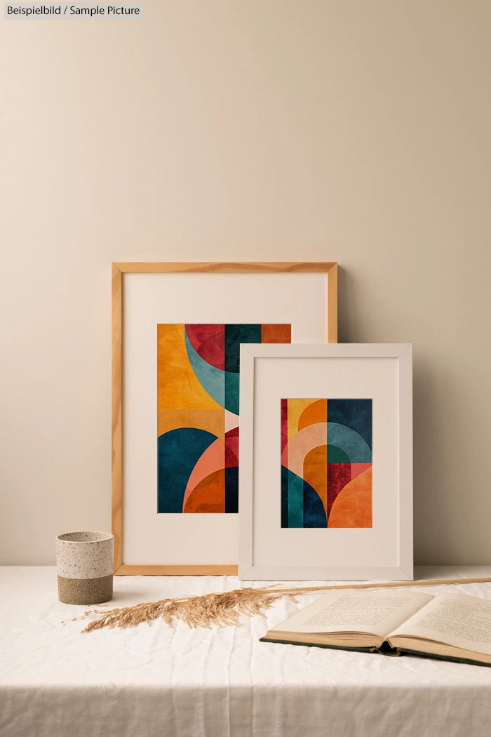 Two framed abstract art pieces with geometric patterns on a table with a book and dried plant, neutral background.