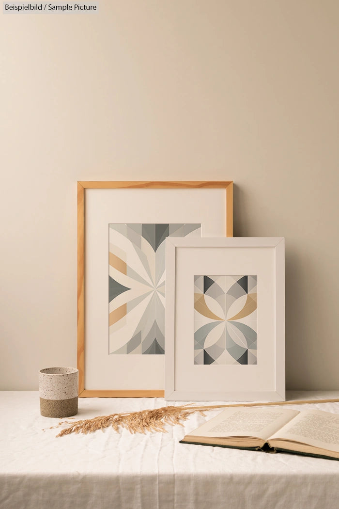 Two framed geometric artworks on a table with a textured mug, open book, and dried grass arrangement.