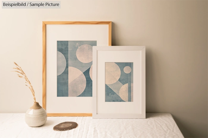 Two framed geometric artworks with circles and semi-circles, displayed on a table with a small vase and dried plant.