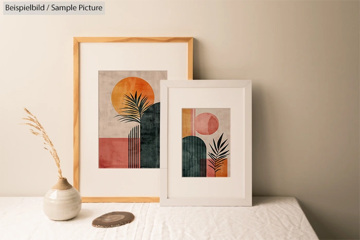 Two framed abstract art prints on a table with a vase and grass stem, featuring geometric shapes and earthy tones.