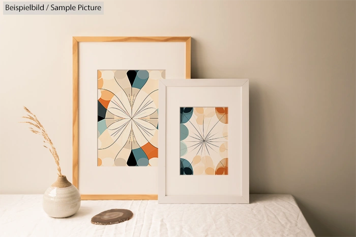 Two framed abstract art pieces with geometric patterns in soft colors, a vase, and a small decorative object on a table.