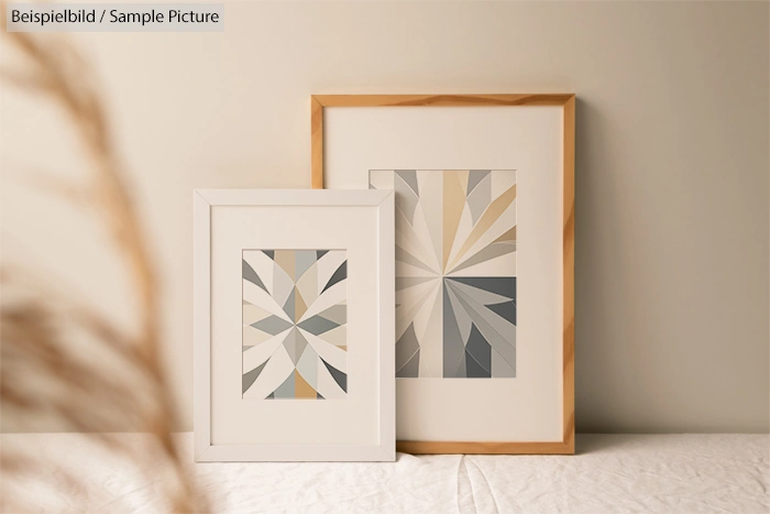 Two framed geometric abstract art pieces with muted colors, leaning against a beige wall on a wooden surface.