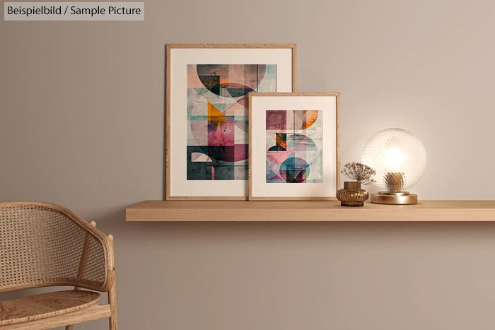 Minimalistic room with wooden shelf, two geometric art prints, a lamp, and wicker chair.