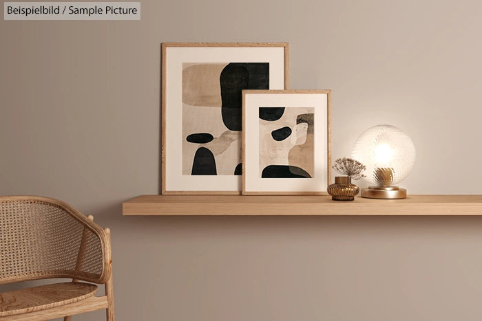 Minimalist shelf with abstract art, a wicker chair, and a glowing lamp in a neutral-toned room.