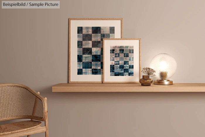 Minimalist room with two framed geometric art pieces on a wooden shelf, beside a woven chair and a glowing table lamp.