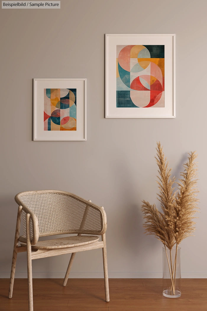 Minimalist interior with abstract art, wicker chair, pampas grass in vase, and framed geometric paintings on wall.