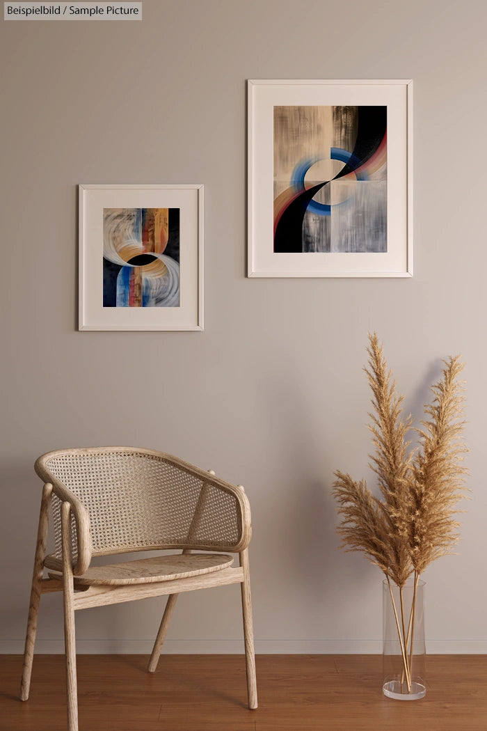 Modern art prints in white frames on a beige wall above a wicker chair and dried pampas grass in a vase.