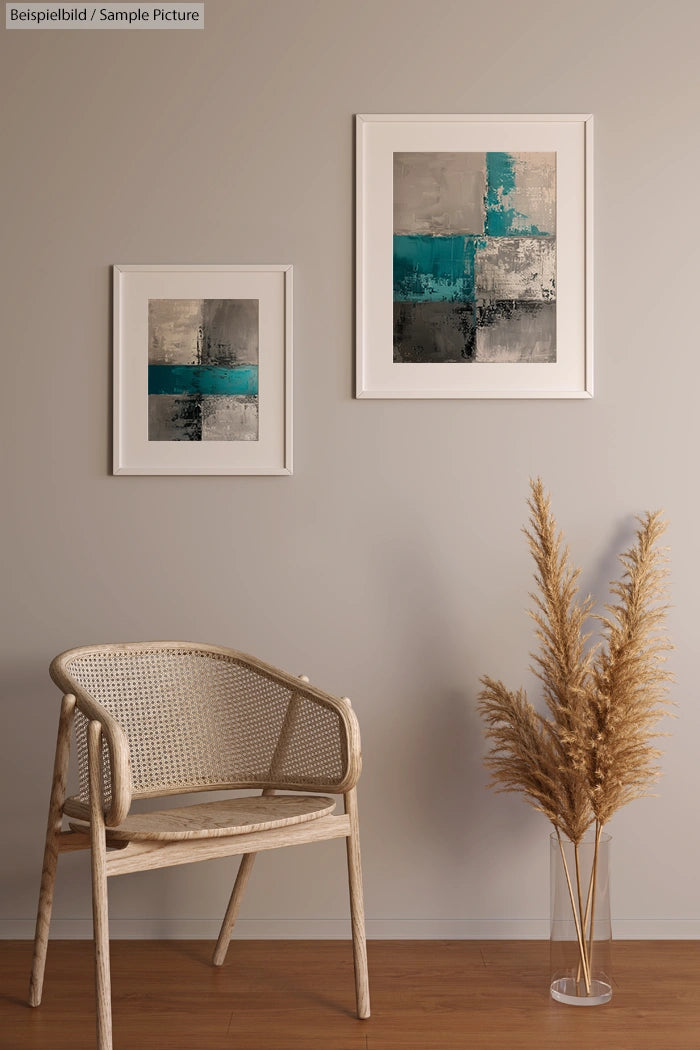 Minimalist room with abstract teal and gray paintings, wicker chair, and glass vase with pampas grass on hardwood floor.