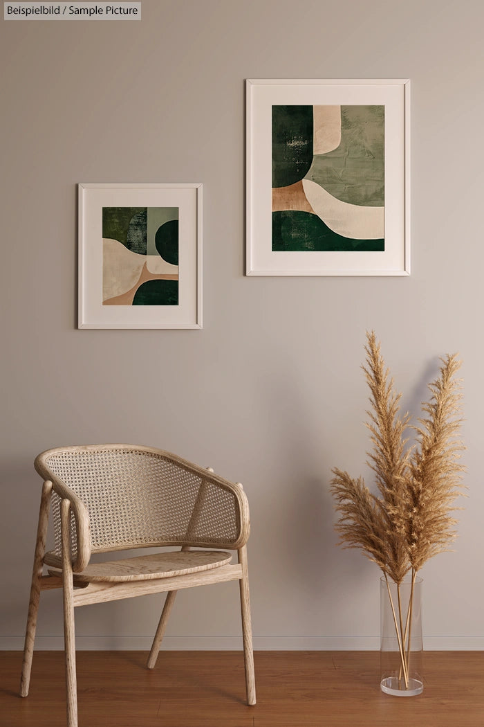 Minimalist room with wicker chair, pampas grass, and two abstract geometric art pieces on a beige wall.