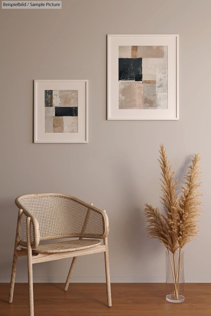 Minimalistic room with wicker chair, pampas grass in vase, and abstract art on beige walls.