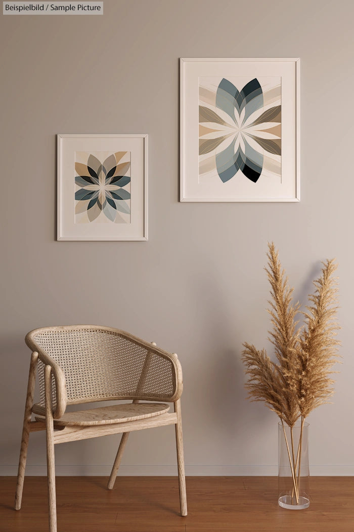 Stylish room with abstract art, a wicker chair, and dried grasses in a vase against a neutral-toned wall.